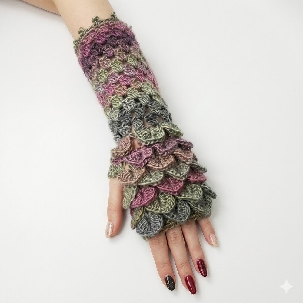 Handmade Crochet Fingerless Dragonscale Gloves - Picture 1 of 4
